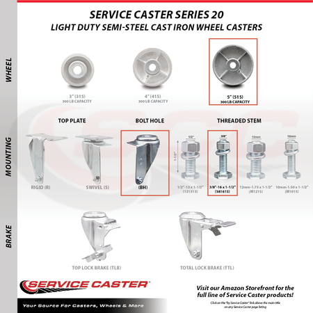 Service Caster Semi Steel Swvl TS Caster w/Roller Bearing-5" Wheel&3/8" Stems-2 w/TTL BRK, 4PK SCC-TSTTL20S515-SSR-381615-2-S-2